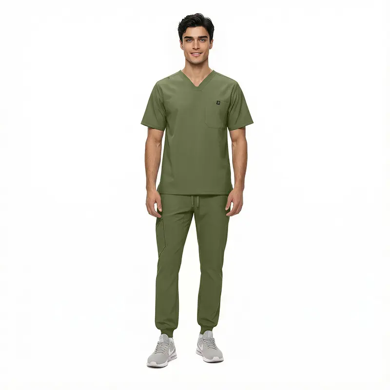 Wholesale men's sage green v-neck scrub top and jogger pants set with chest pocket