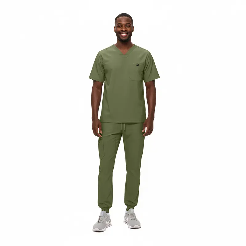 Wholesale men's olive green scrub set with v-neck top and jogger pants