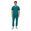 Wholesale men's teal v-neck scrub top and jogger pants set with small logo patch