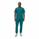 Wholesale men's teal v-neck scrub top and pants set with chest pocket detail