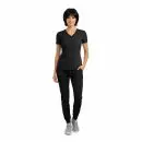 Wholesale women's black v-neck scrub top with chest pocket and matching black jogger pants