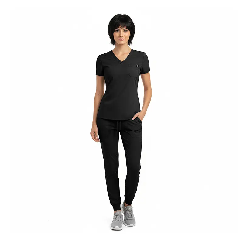 Wholesale women's black v-neck scrub top with chest pocket and matching black jogger pants