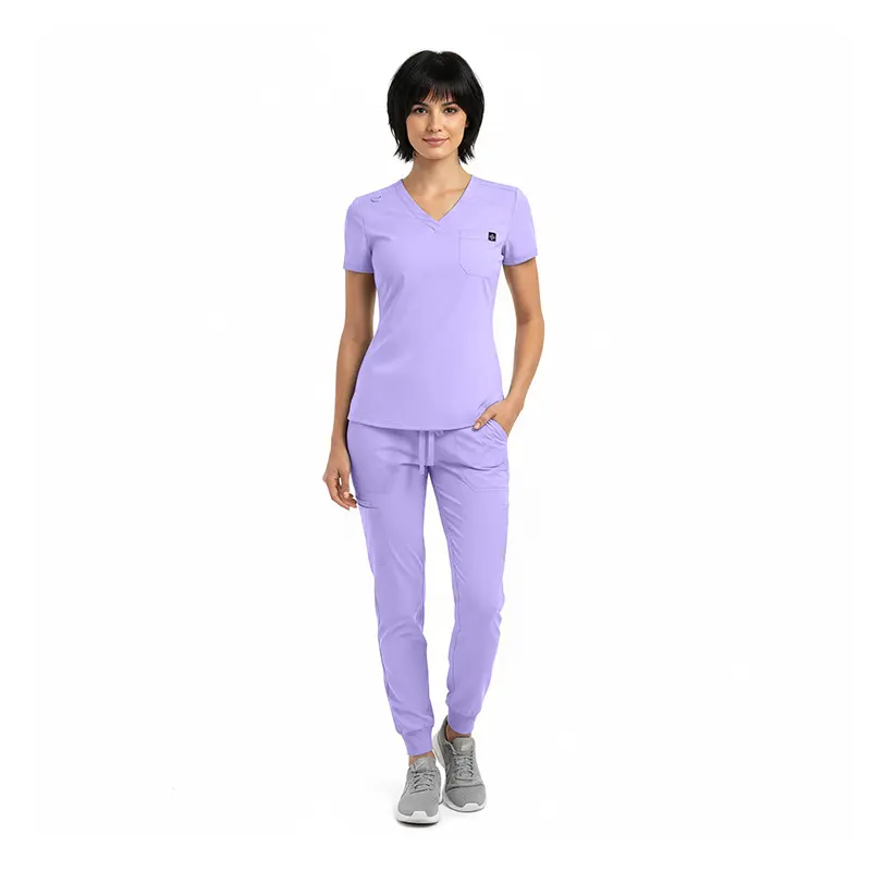Wholesale women's lavender v-neck scrub top and jogger pants set with small logo patch