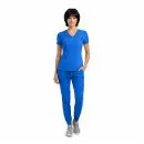 Wholesale women's blue v-neck scrub top and jogger pants set with short sleeves and chest pocket