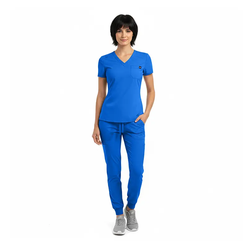 Wholesale women's blue v-neck scrub top and jogger pants set with short sleeves and chest pocket