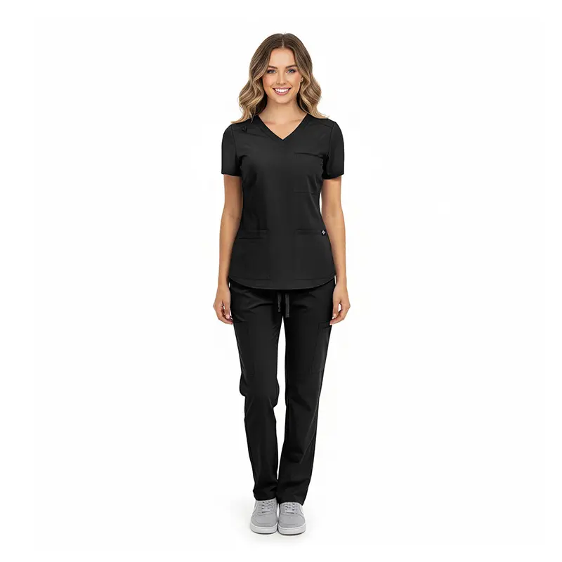 Wholesale women's black v-neck scrub top and pants set with short sleeves and front pockets