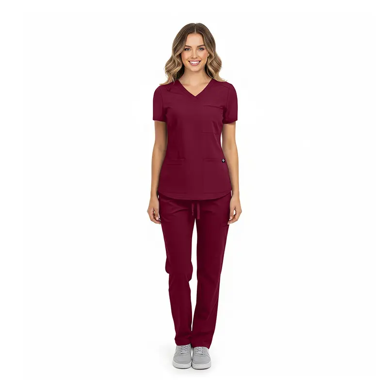 Wholesale women's burgundy scrub set with v-neck top and drawstring pants