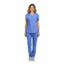 Wholesale women's blue scrubs set with v-neck top and cargo pants with drawstring waist