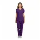 Wholesale women's purple v-neck scrub top and pants set with short sleeves and pockets