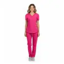 Wholesale women's pink v-neck scrub top and pants set with short sleeves and cargo pockets