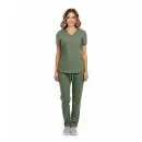 Wholesale women's sage green v-neck scrub top and pants set with pockets