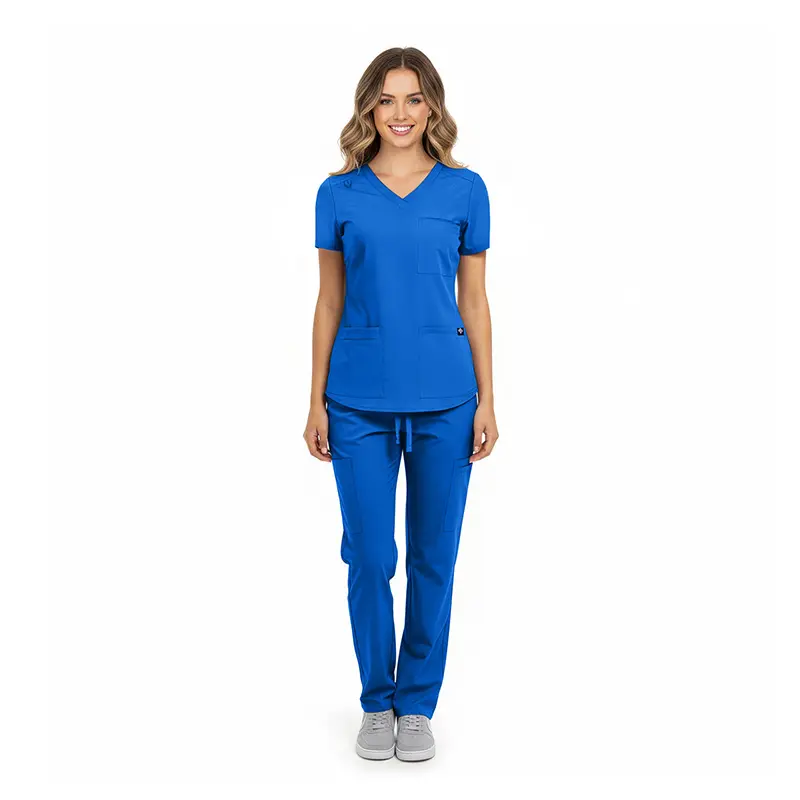 Wholesale women's blue v-neck scrub top and pants set with short sleeves and front pockets