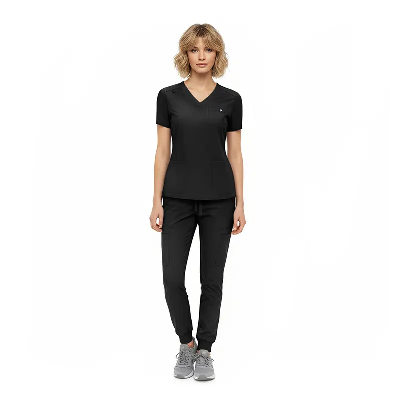 Wholesale women's black v-neck short-sleeve top and jogger pants set