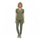Wholesale women's sage green v-neck scrub top and jogger pants set with pockets