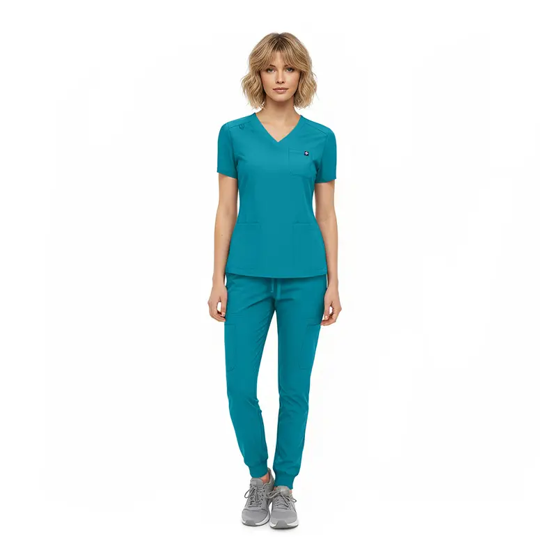Wholesale women's teal v-neck scrub top and jogger pants set with short sleeves
