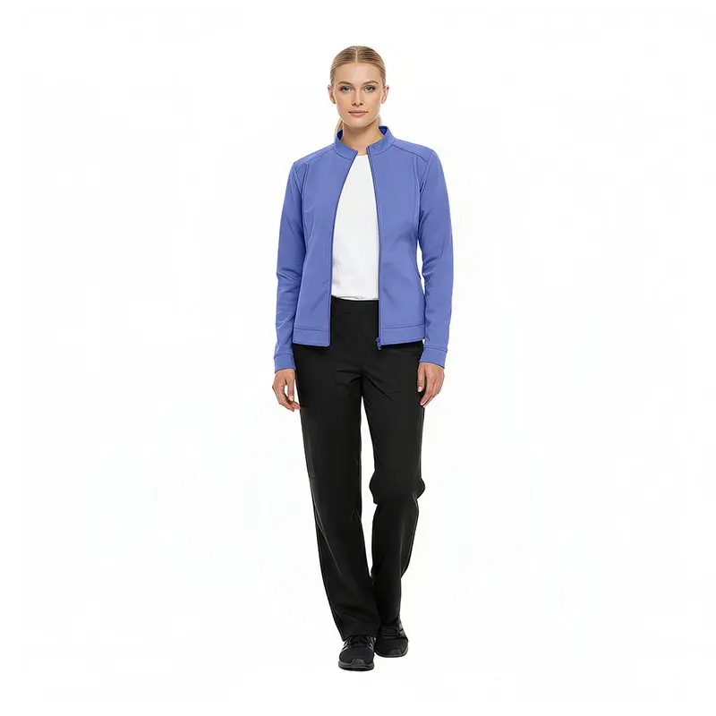 Wholesale women's periwinkle zip-up jacket with white top and black pants