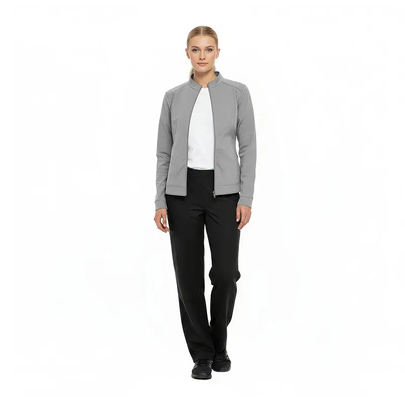 Wholesale women's gray zip-up jacket, white t-shirt, and black pants outfit