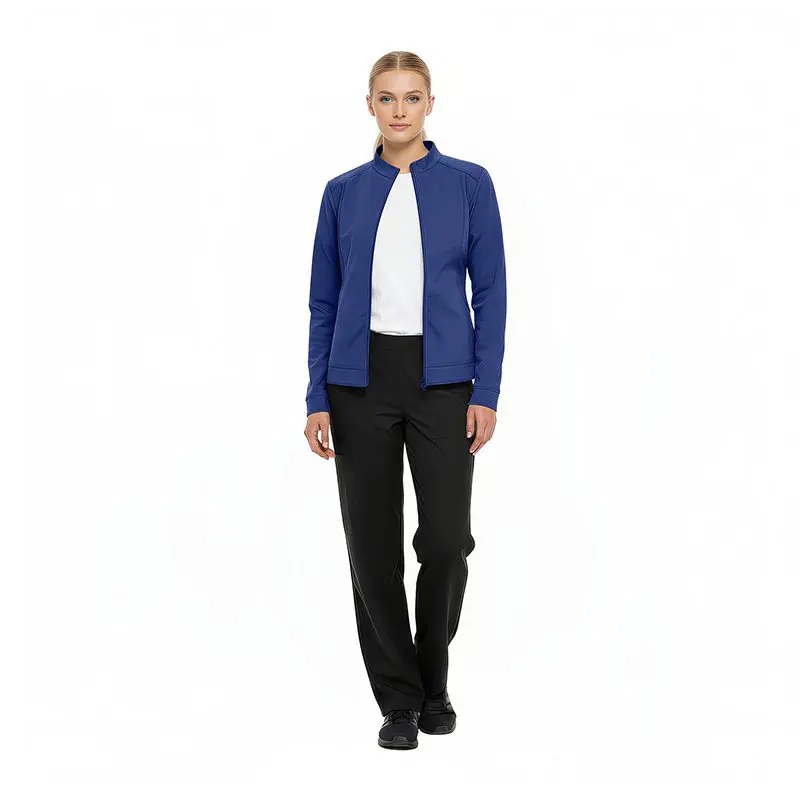 Wholesale women's navy zip-up jacket, white t-shirt, and black pants