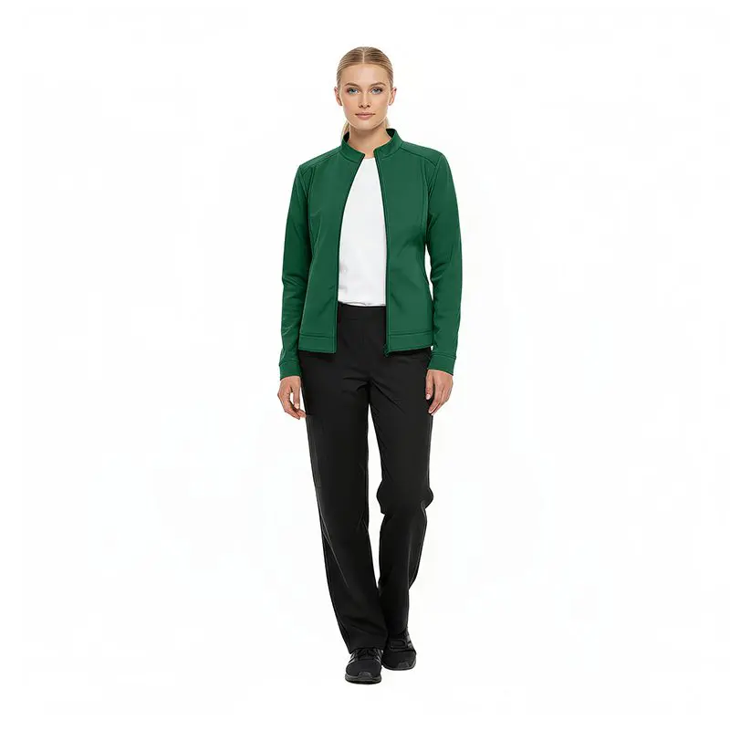 Wholesale women's green zip-up jacket with white shirt and black pants