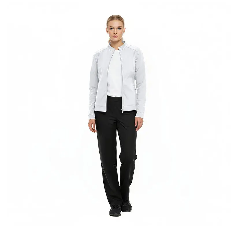 Wholesale women's light gray zip-up jacket with white undershirt and black trousers