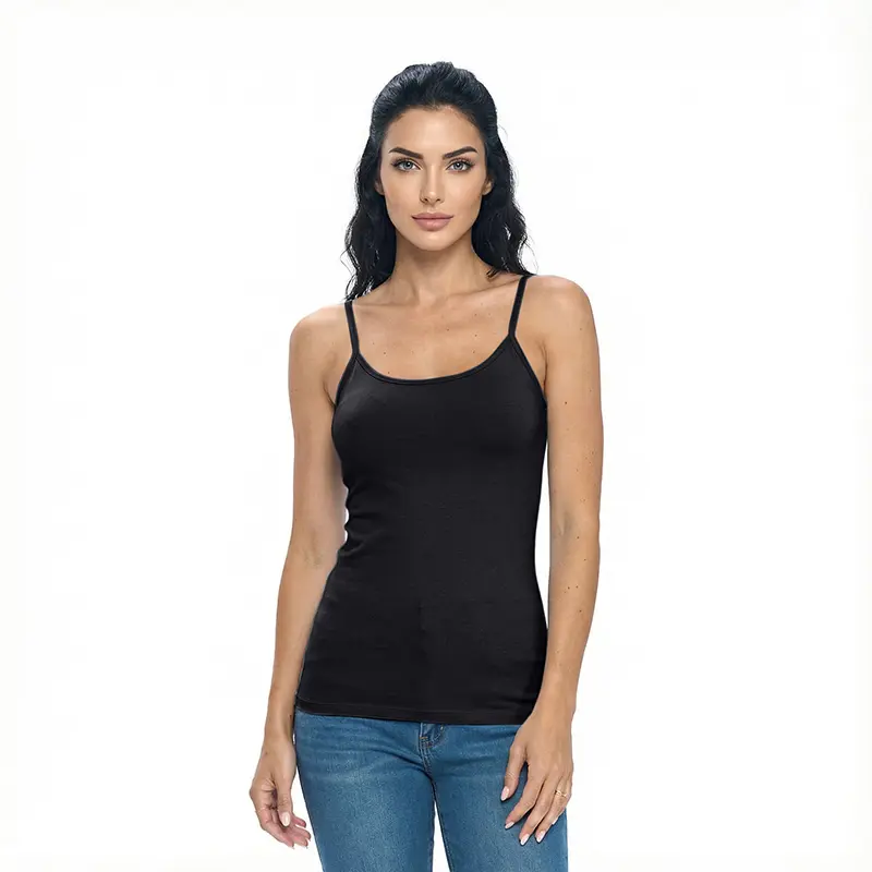 Wholesale women's black camisole tank top with thin straps and scoop neckline