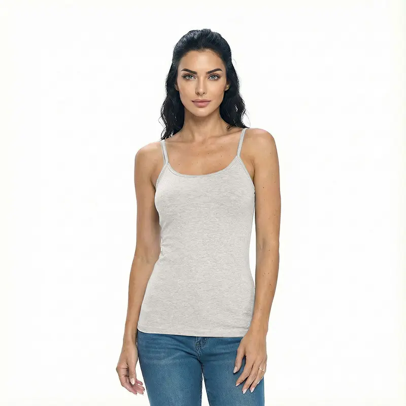 Wholesale women's light gray camisole tank top with thin straps and scoop neckline