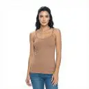 Wholesale women's beige camisole tank top with thin straps paired with blue jeans