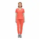 Wholesale women's coral v-neck scrub top and jogger pants set with pockets