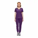 Wholesale women's purple v-neck scrub top and jogger pants set with pockets