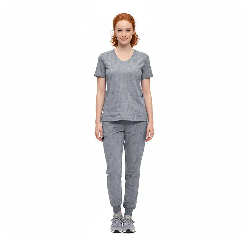 Wholesale women's gray heathered v-neck short sleeve top and jogger pants set