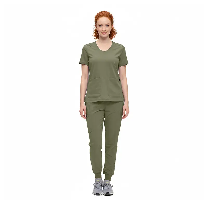 Wholesale women's olive green v-neck scrub top and jogger pants set with front pockets