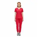Wholesale women's red v-neck scrub top and jogger pants set with pockets