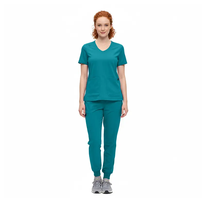 Wholesale women's teal v-neck scrub top and jogger pants set with short sleeves
