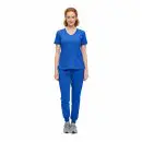 Wholesale women's blue v-neck scrub top and jogger pants set with pockets