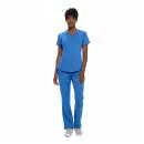 Wholesale women's blue v-neck scrub top and pants set with short sleeves and front pockets