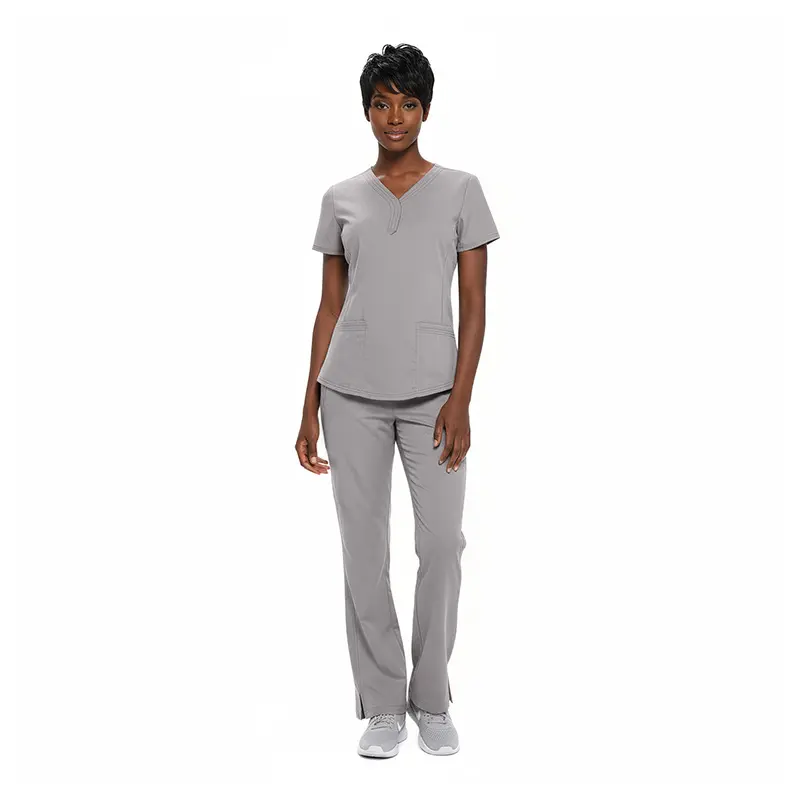 Wholesale women's gray v-neck scrub top and pants set with short sleeves and front pockets