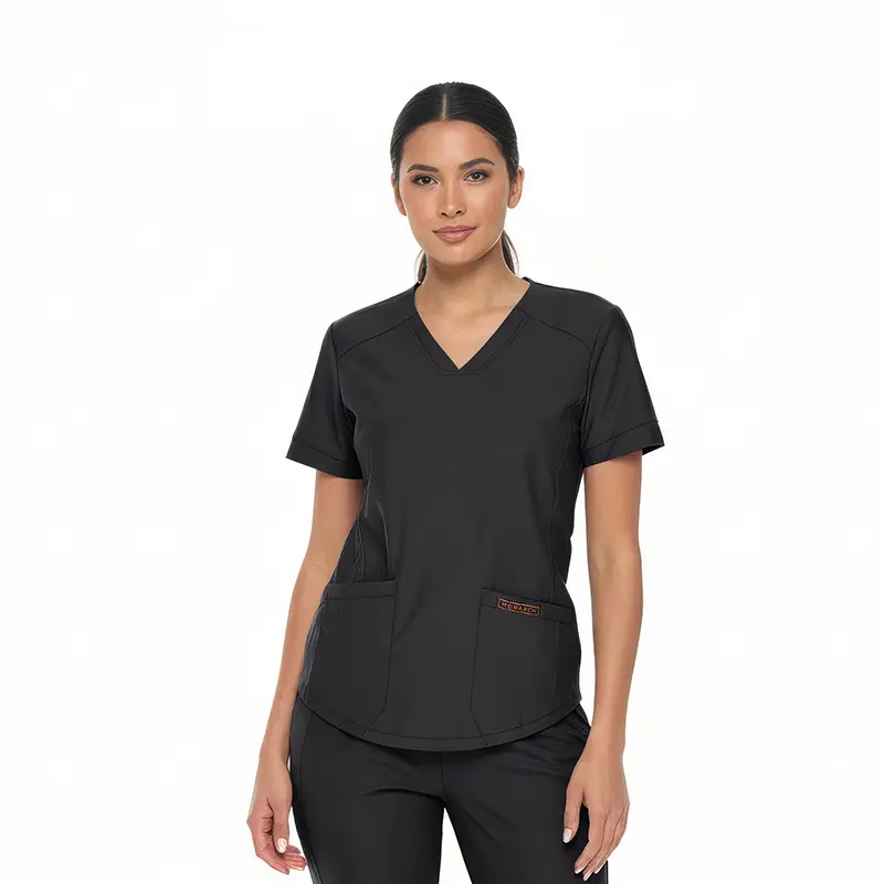 Wholesale women's black v-neck scrub top with short sleeves and side pockets