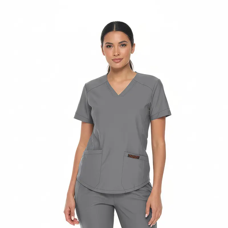 Wholesale women's gray v-neck scrub top with short sleeves and front pocket detail