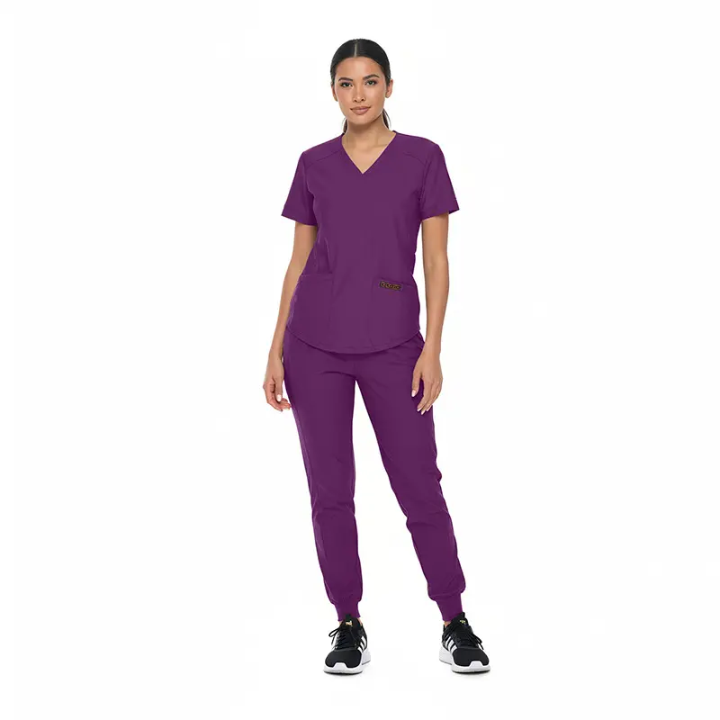 Wholesale women's purple v-neck scrub top and jogger pants set with short sleeves and pockets