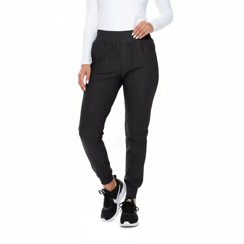 Wholesale women's black jogger pants with elastic waistband and cuffed ankles