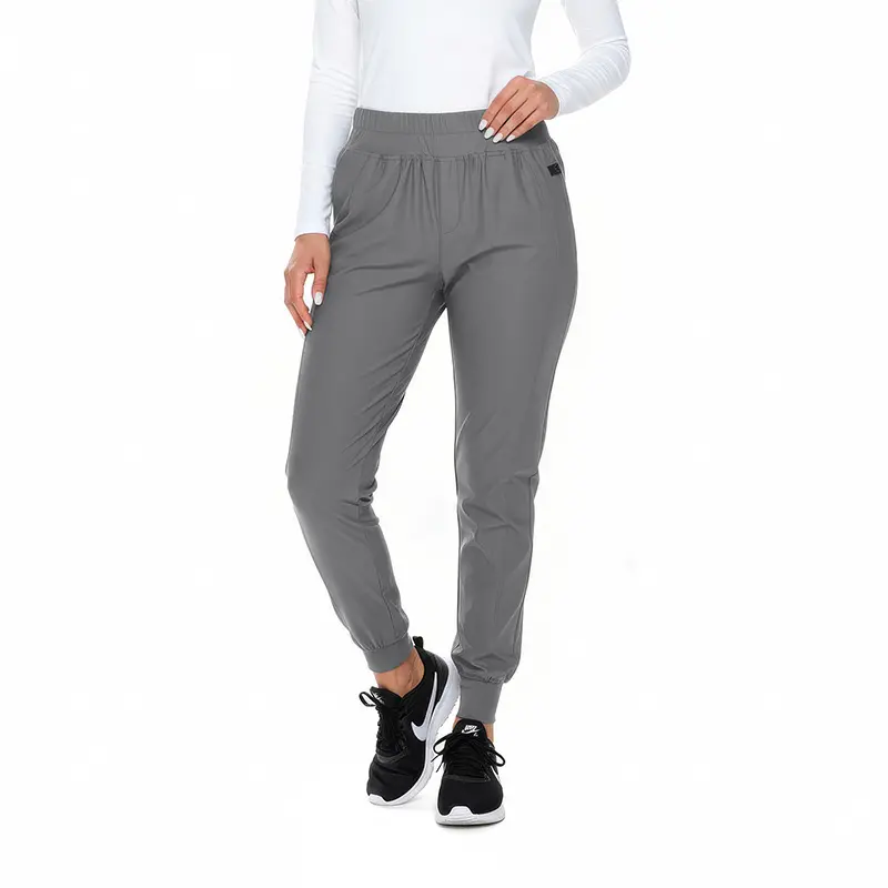 Wholesale women's gray jogger pants with elastic waistband and cuffed ankles