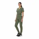 Wholesale women's sage green v-neck scrub top and jogger pants set with black sneakers
