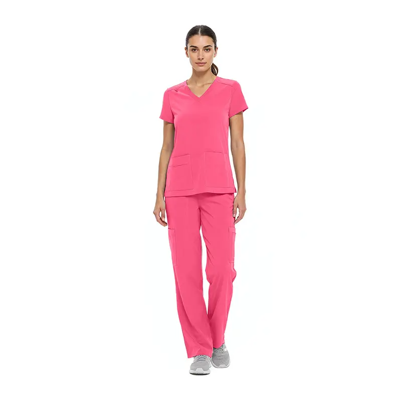 Wholesale women's pink scrubs set with short-sleeve v-neck top and cargo pants with pockets