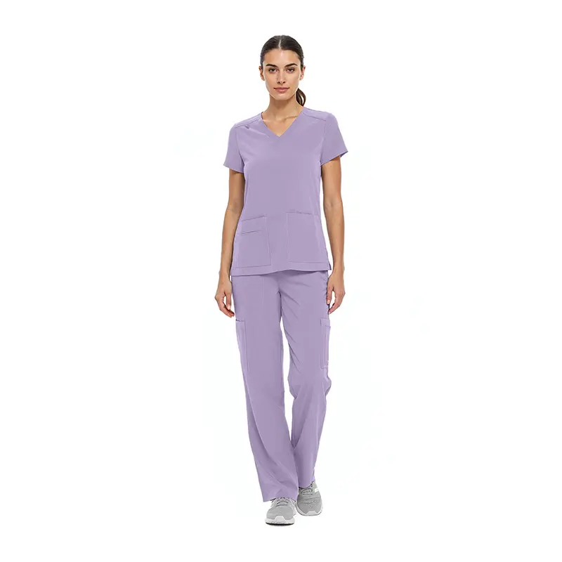 Wholesale women's purple scrubs set with v-neck top and cargo pants