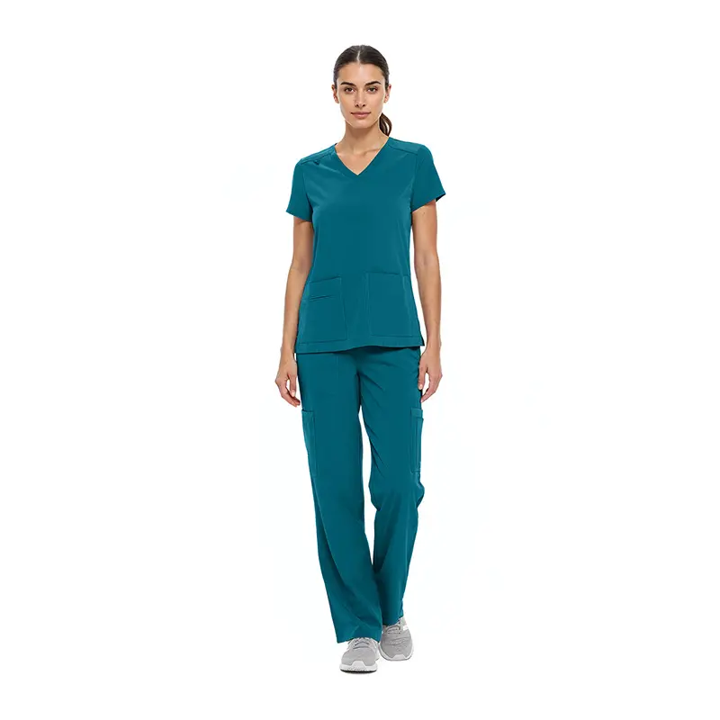 Wholesale women's teal v-neck scrub top and cargo pants set with short sleeves