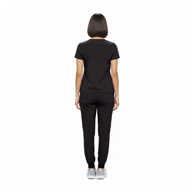 Wholesale women's black short-sleeve t-shirt and jogger pants set, back view