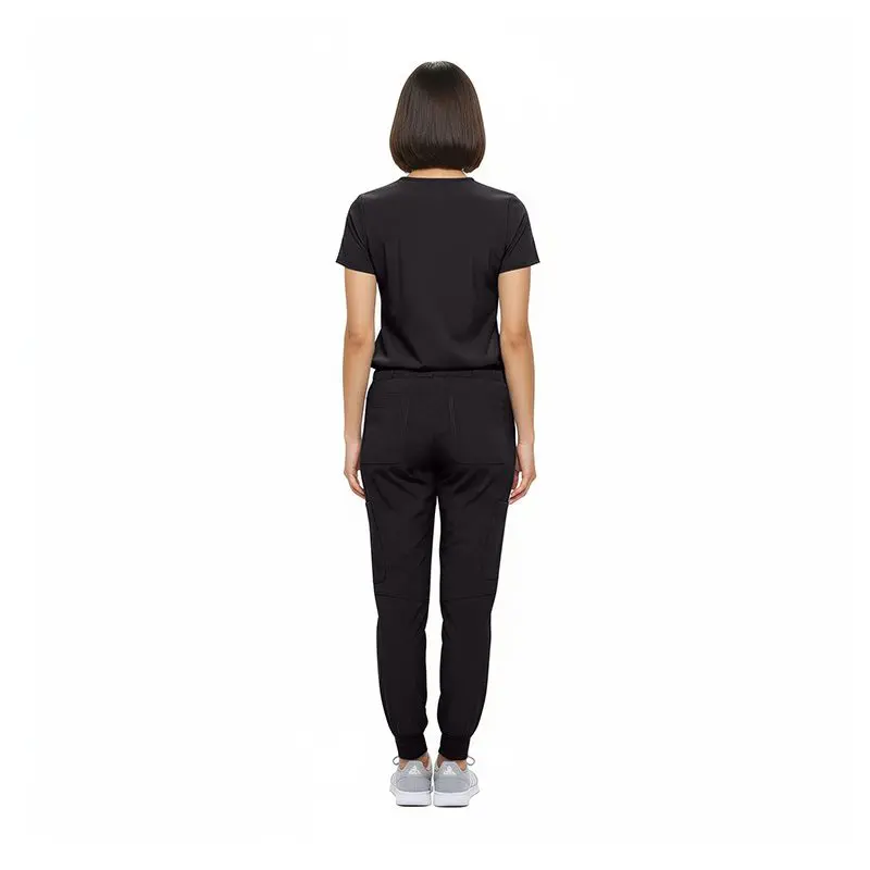 Wholesale women's black short-sleeve t-shirt and jogger pants set, back view