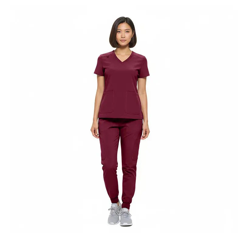 Wholesale women's burgundy scrub set with v-neck top and cargo pants with gray sneakers