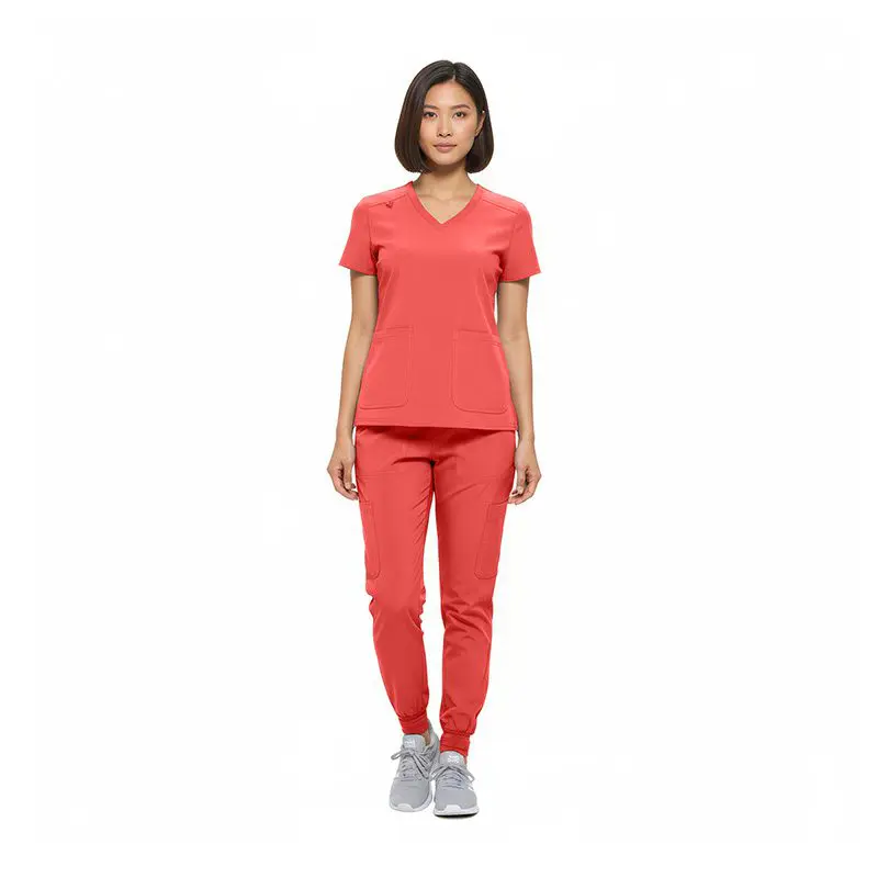 Wholesale women's red v-neck scrub top and jogger pants set with cargo pockets