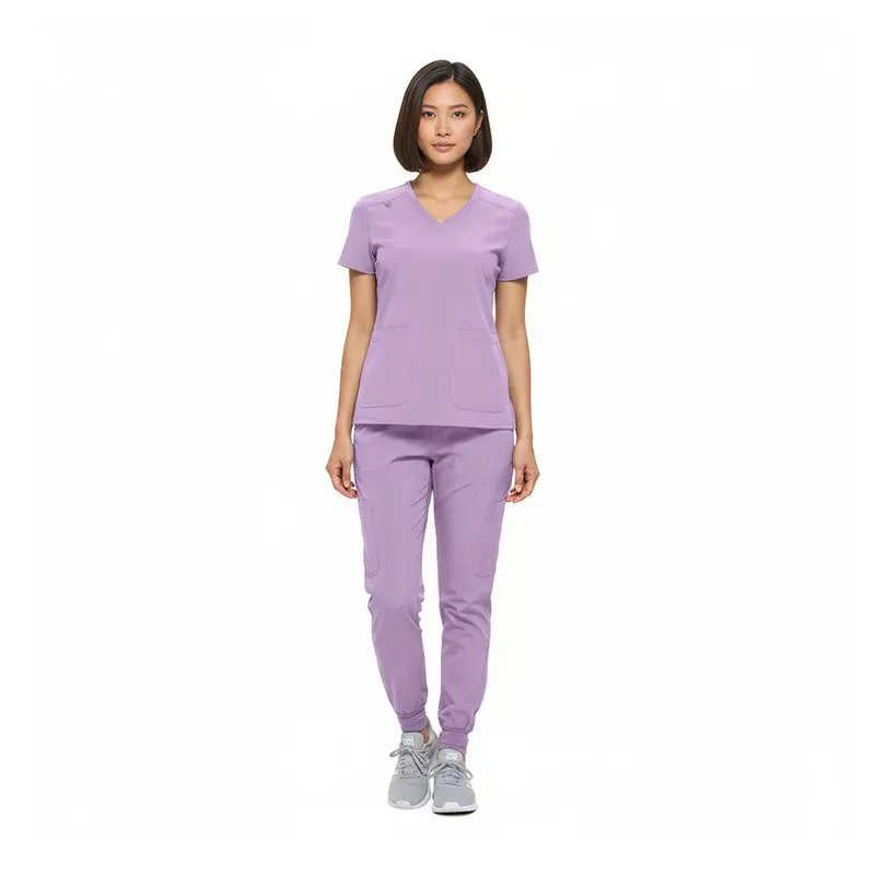 Wholesale women's purple v-neck scrub top and jogger pants set with pockets
